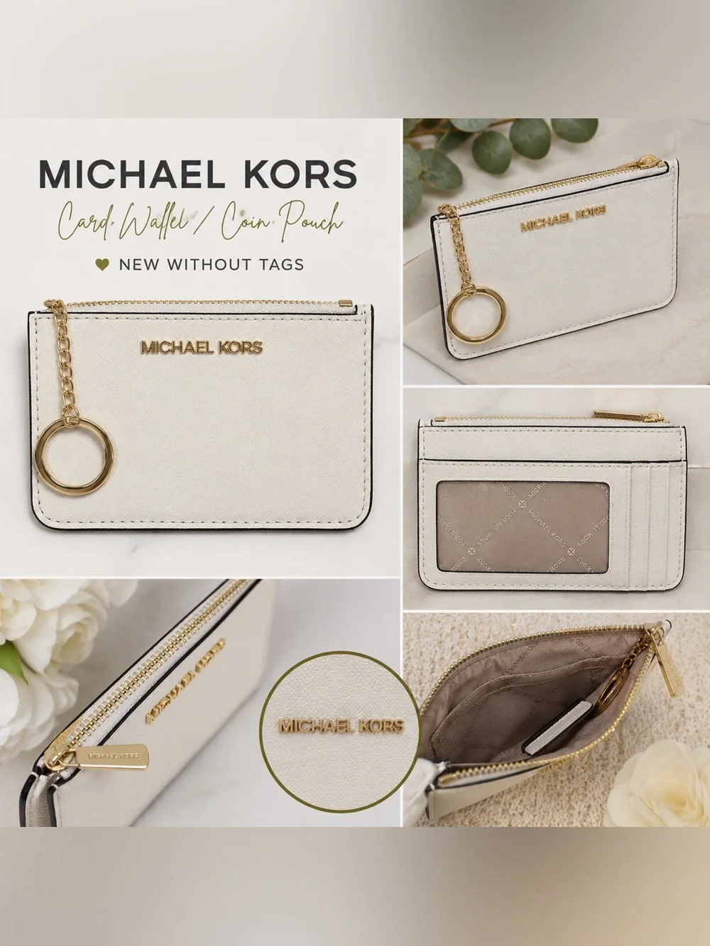 Michael Kors Jet Set Travel Cream Coin Zip Card Wallet with Key Ring